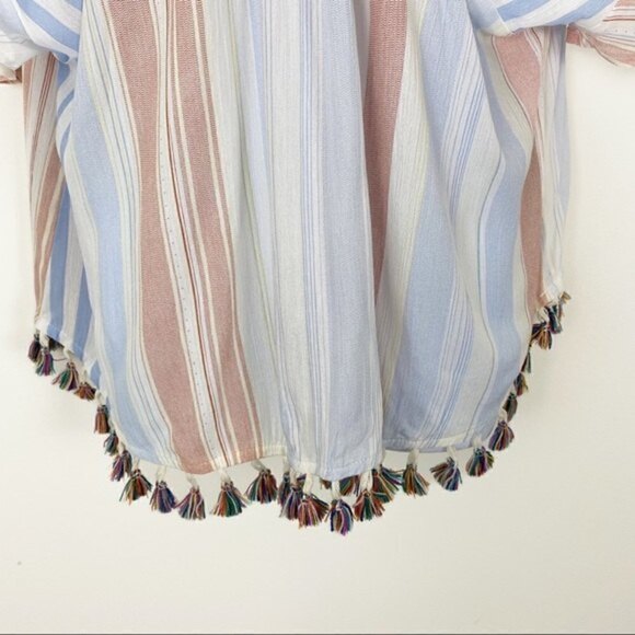 NEW NWT KORI Salmon & Blue Striped Tassel Top Beach Coverup V-neck Oversized Sm - Picture 5 of 9